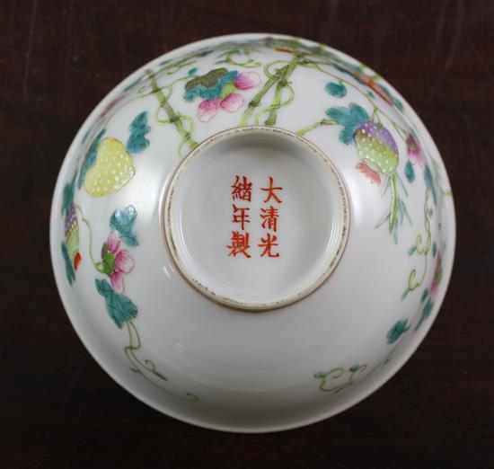 A Chinese famille rose lychees bowl, Guangxu mark and of the period (1875-1908), 13.5cm., wood stand